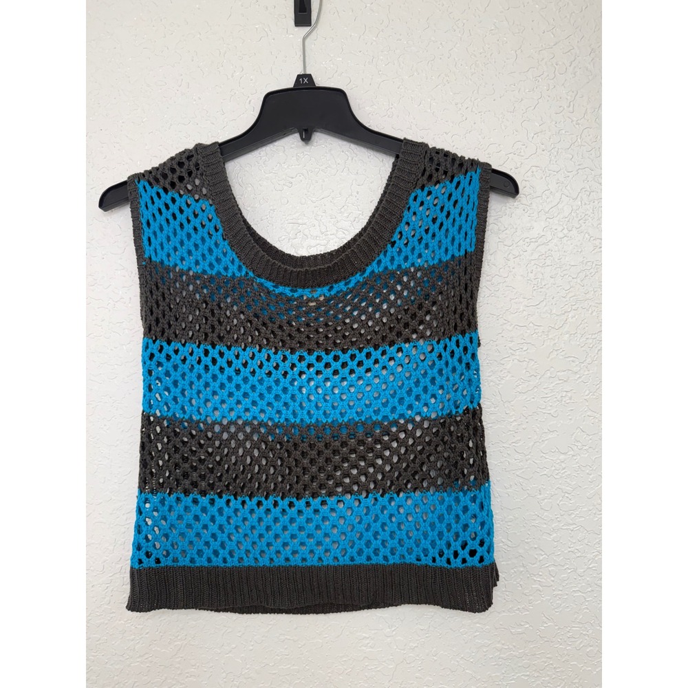 Arizona Jean Company Womens Crochet Knit Striped Sweater Vest Grey‎ Blue Medium